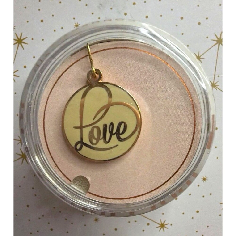 Round Love Letters Charm Pendant Necklace Gold Tone Cream Enamel Metal
